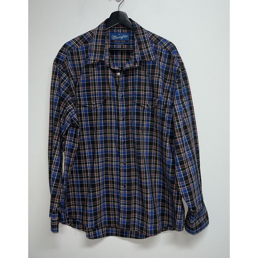 Vintage Wrangler Western Snap Blue Plaid Button Up Shirt Long Sleeve Mens SZ XL